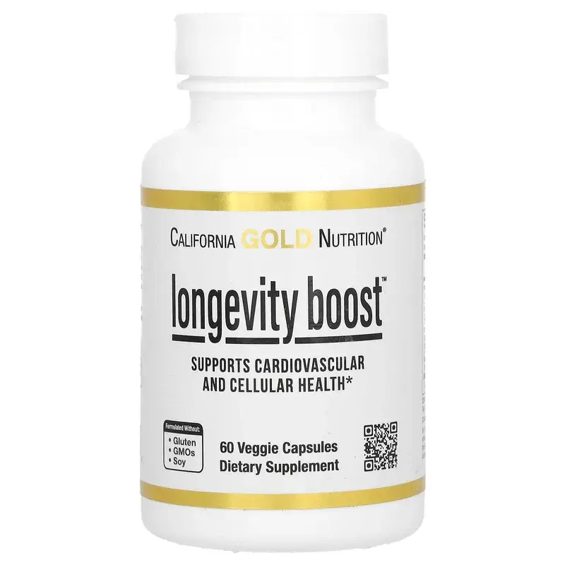 California Gold Nutrition, Longevity Boost with trans-Resveratrol, Olive Leaf Extract, Grape Extract Blend and Medium Chain Triglycerides, 60 Veggie Capsules
