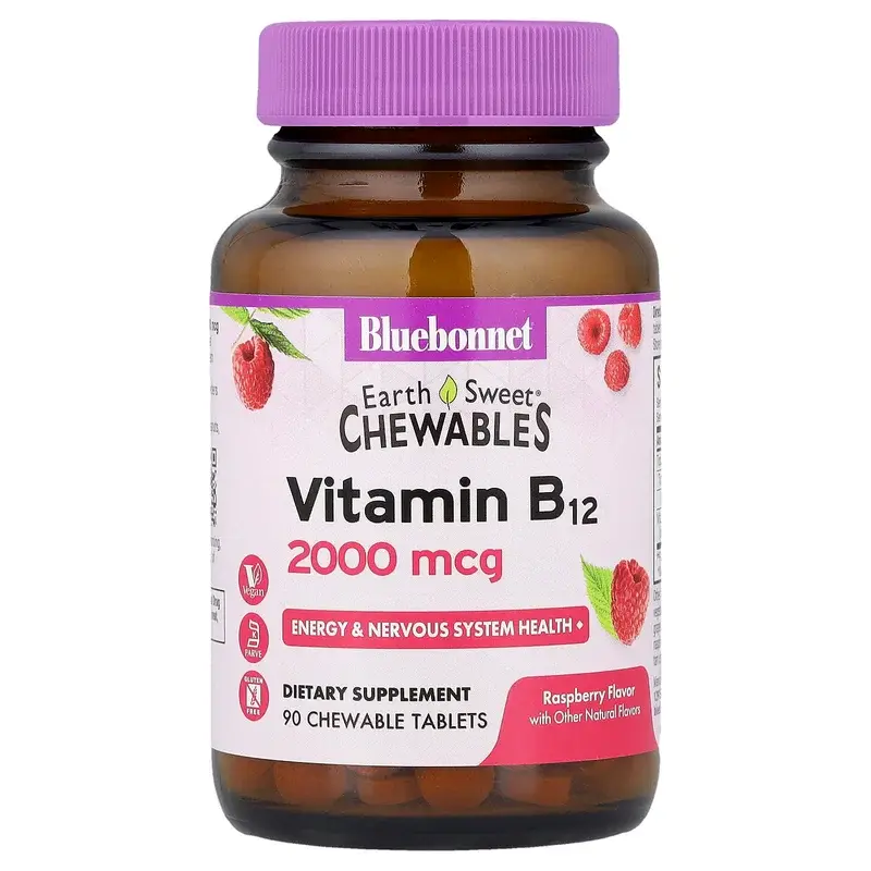 Bluebonnet Nutrition, Earth Sweet® Chewables, Vitamin B12, Raspberry , 2,000 mcg, 90 Chewable Tablets