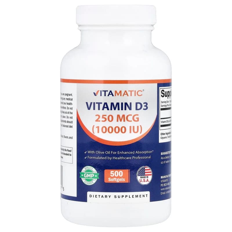 Vitamatic, Vitamin D3, 250 mcg (10,000 IU), 500 Softgels